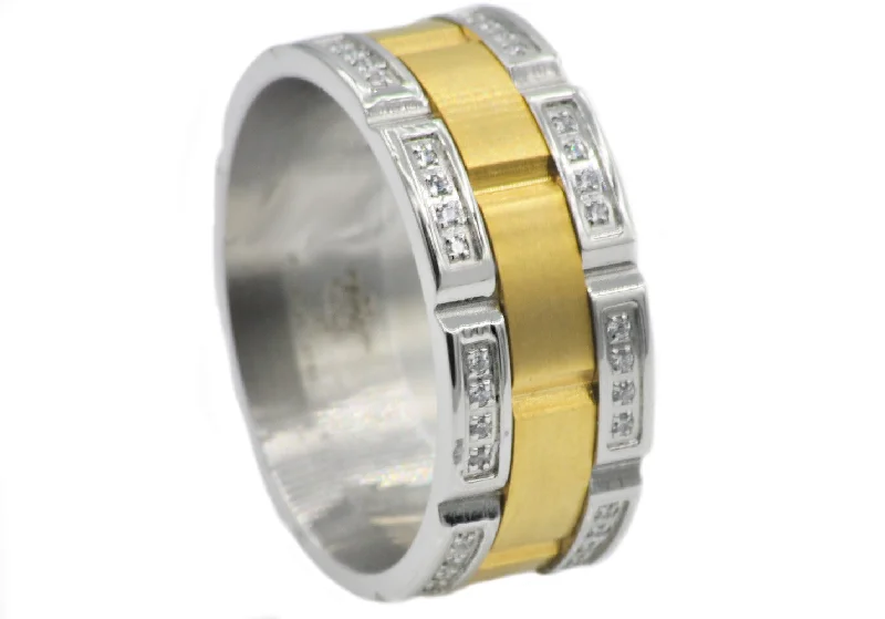 women’s antique engagement rings-Mens Gold Stainless Steel Band With Cubic Zirconia