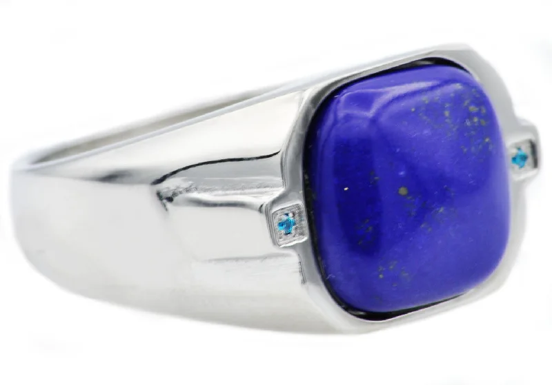 women’s antique rings-Mens Genuine Lapis Lazuli Stainless Steel Ring With Blue Cubic Zirconia