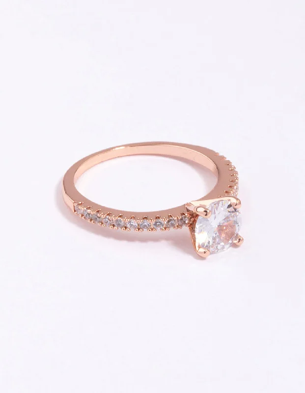 women’s cocktail rings-Rose Gold Plated Cubic Zirconia Plated Round Textured Band Ring