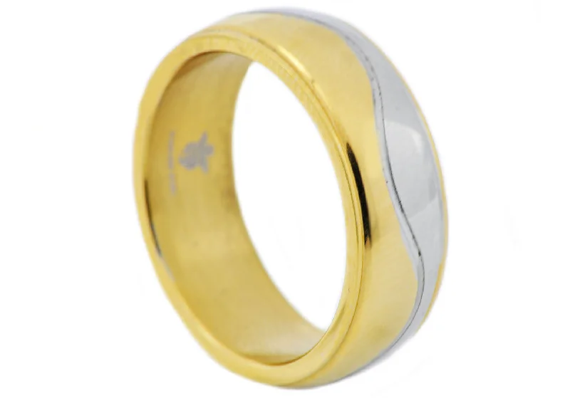 women’s diamond halo rings-Mens Two Tone Gold Wavy Stainless Steel Band Ring