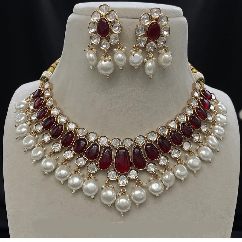 women’s chunky necklaces-Amoliya Jewels Gold Plated Polki Kundan And Pearl  Necklace Set