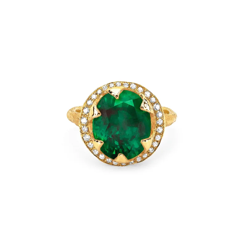 women’s wedding rings-Queen Oval Zambian Emerald Ring with Full Pavé Diamond Halo