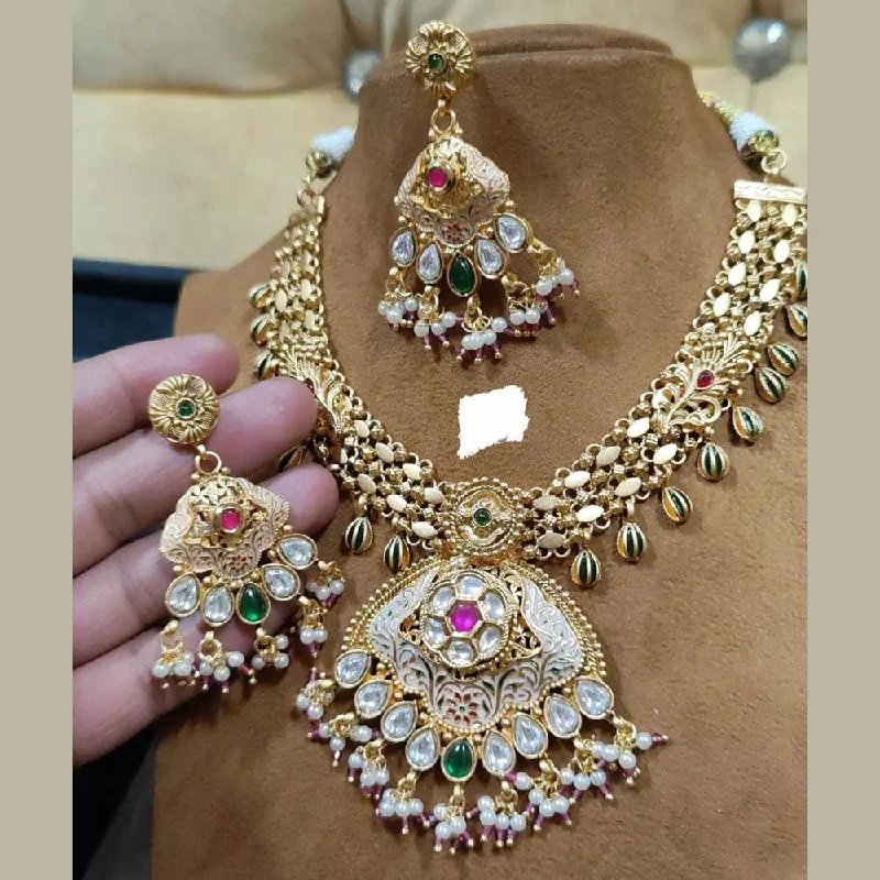 women’s romantic necklaces-FS Collection Gold Plated Polki Kundan Stone And Meenakari Pearls Necklace Set