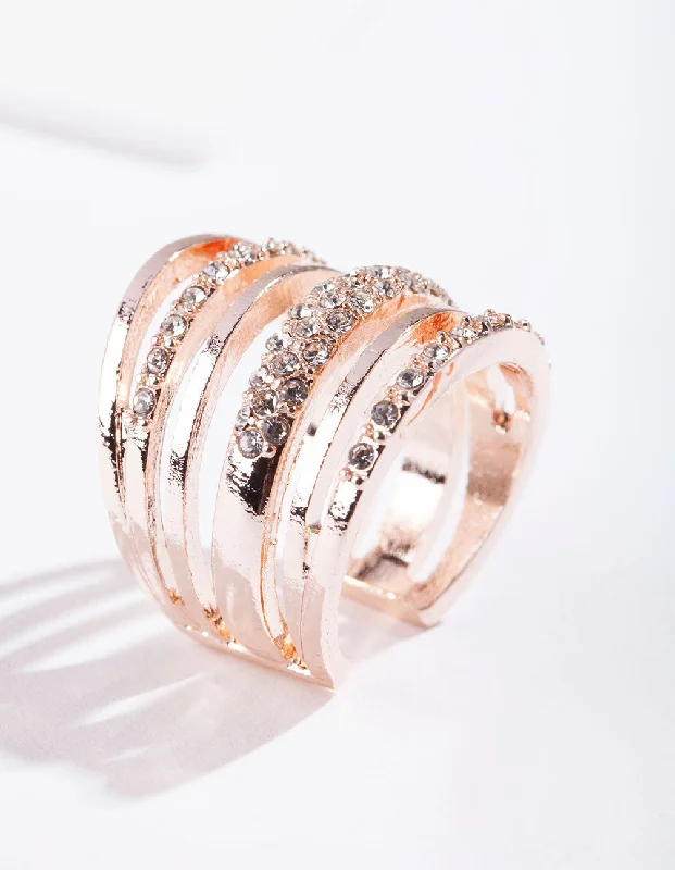 women’s promise ring designs-Rose Gold Six Layer Diamante Band Ring