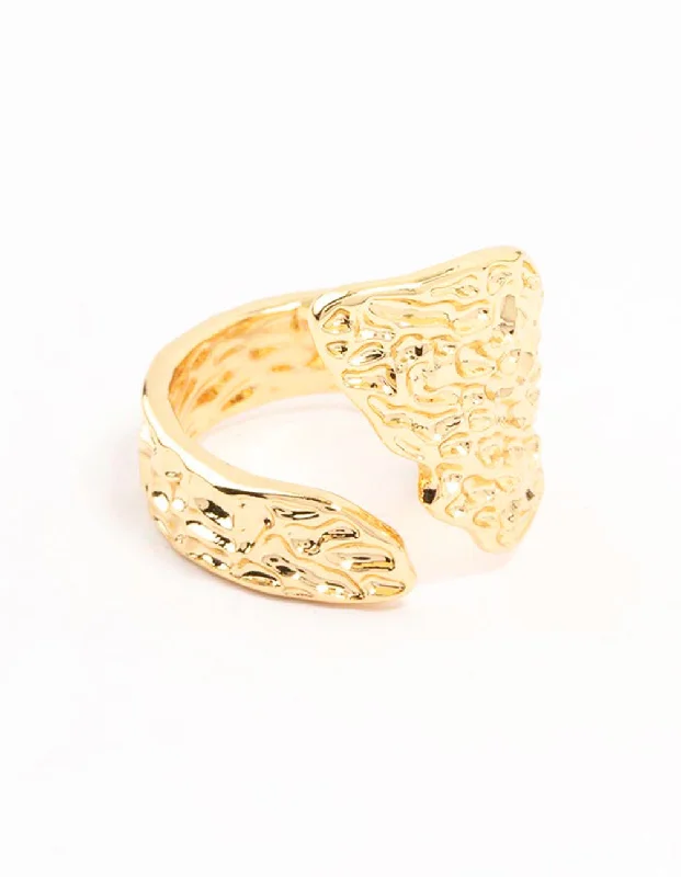 women’s stacking rings-Gold Plated Textured Metal Wrap  Ring