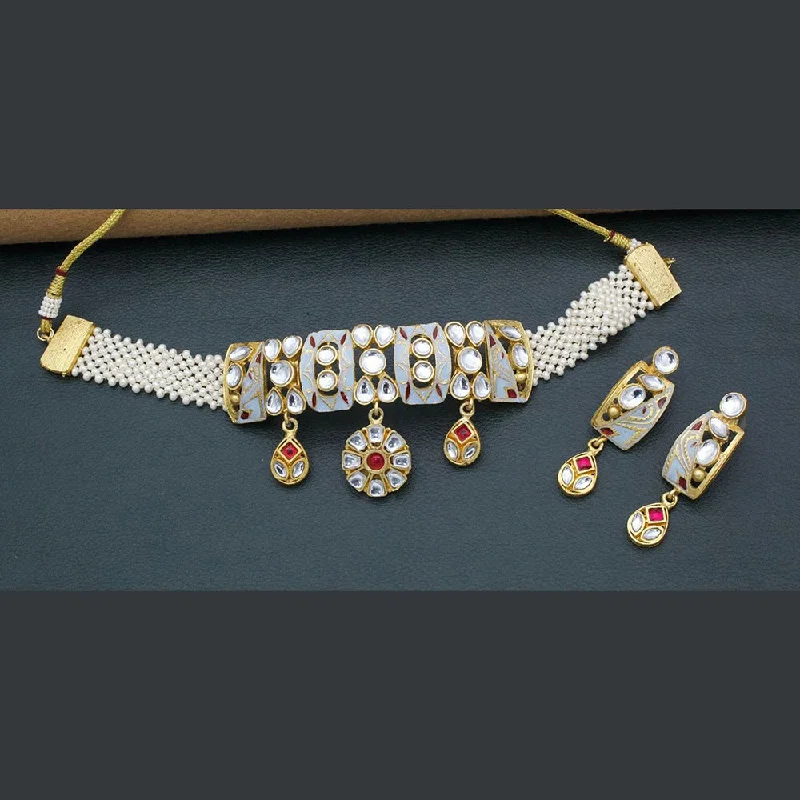 women’s chunky statement necklaces-Kavita Art Gold Plated Kundan Stone And Pearls Meenakari Choker Necklace Set