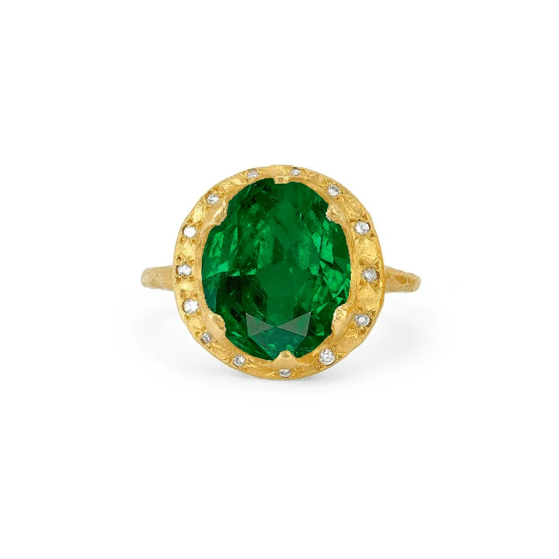 women’s silver rings-Queen Oval Zambian Emerald Ring with Sprinkled Diamonds