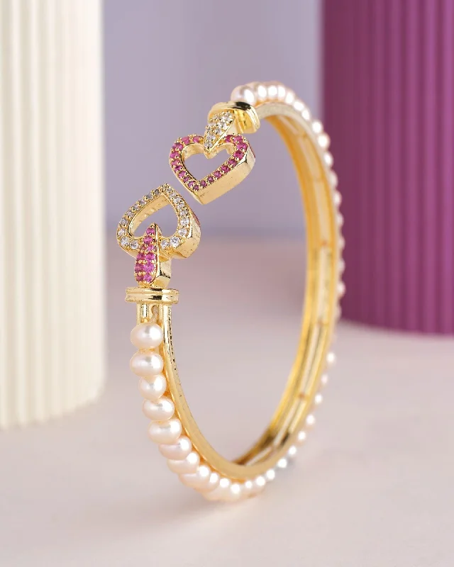 women’s thick bangles-Heart Shaped White Pearl Bangle