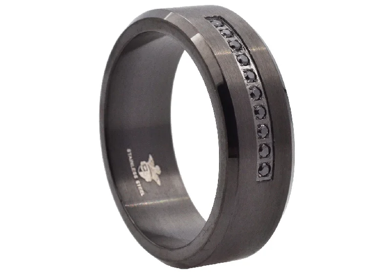 women’s delicate rings-Mens Black Stainless Steel Ring With Black Cubic Zirconia