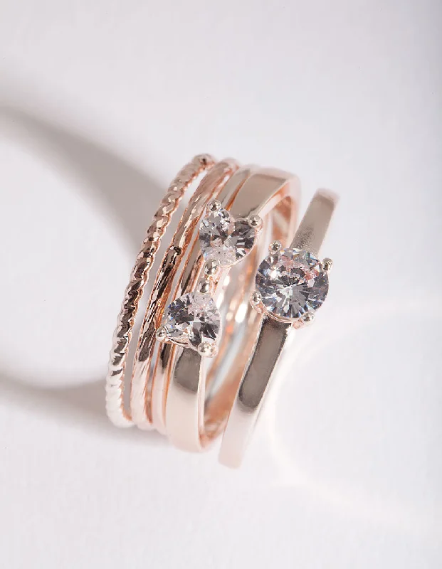 women’s solitaire rings-Rose Gold Cubic Zirconia Bow & Band Stacking  Rings 5-Pack