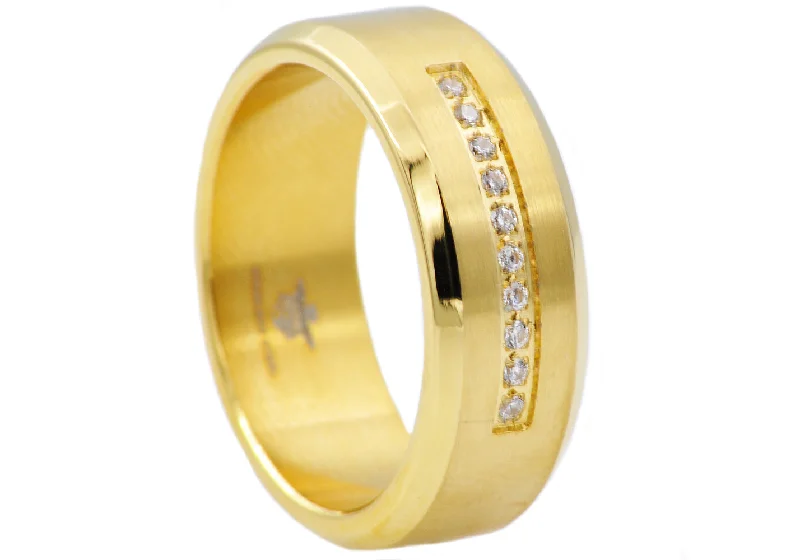 women’s chunky rings-Mens Gold Stainless Steel Ring With Cubic Zirconia