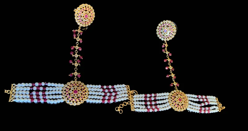 women’s stackable bracelets-HP14 Trikha Haath Phool (rubies)  -ONE PAIR( READY TO SHIP )