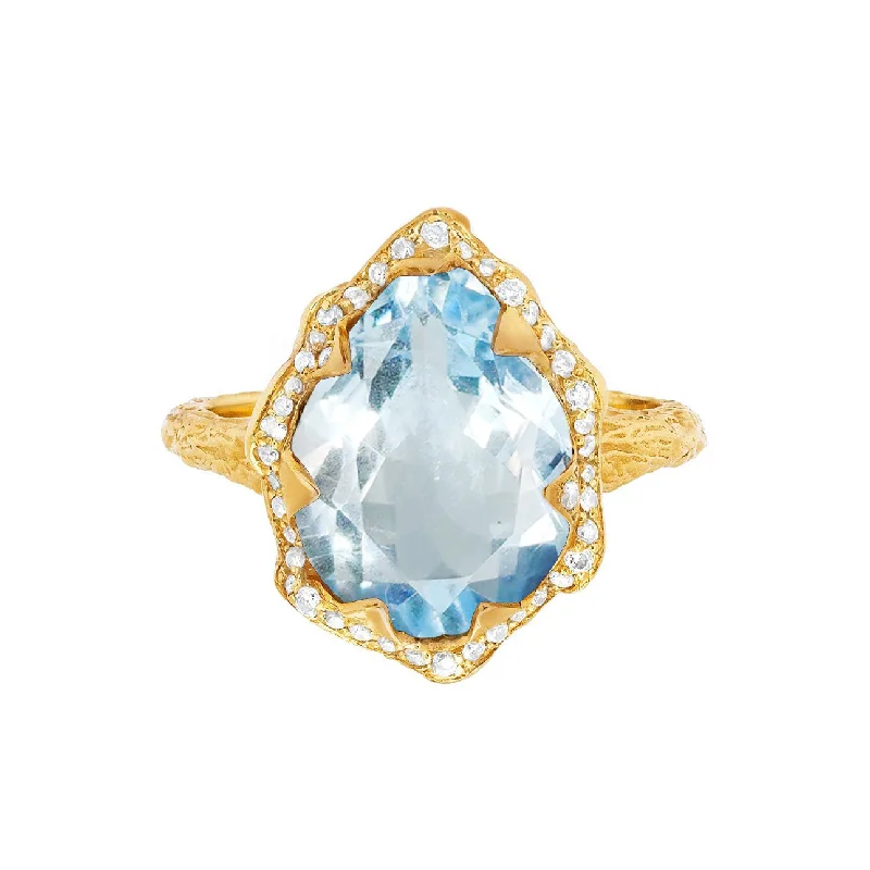 women’s vintage-style rings-Queen Water Drop Aquamarine Ring with Full Pavé Diamond Halo