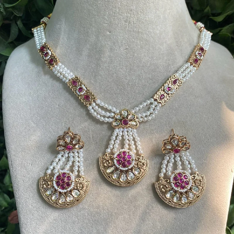 women’s diamond statement necklaces-Royal Kundan Jewellery Gold Plated Polki Kundan And Pearls Necklace Set