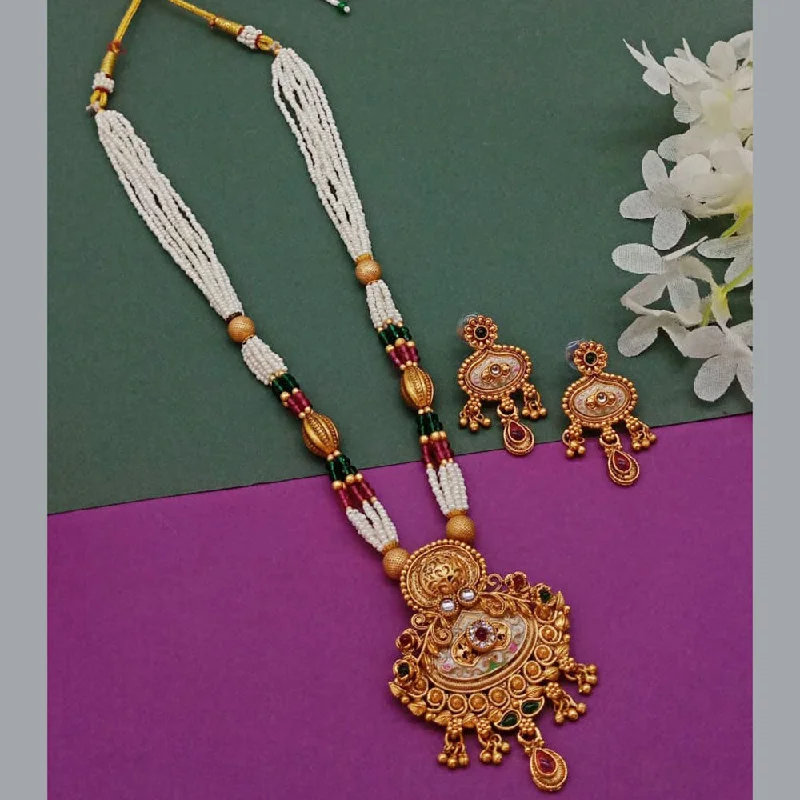 women’s custom-made necklaces-India Art Gold Plated Pota Stone And Pearl Long Necklace Set