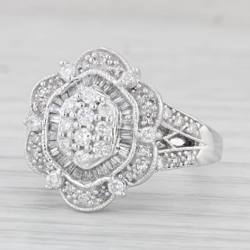 women’s designer engagement rings-0.88ctw Diamond Ring 14k White Gold Size 6.5 Cluster Cocktail