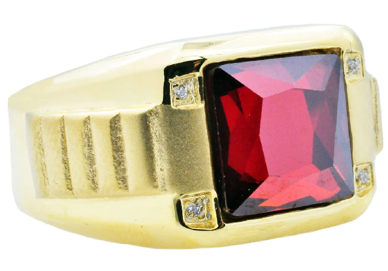 women’s infinity rings-Mens Genuine Red Spinel And Gold Stainless Steel Ring With Cubic Zirconia