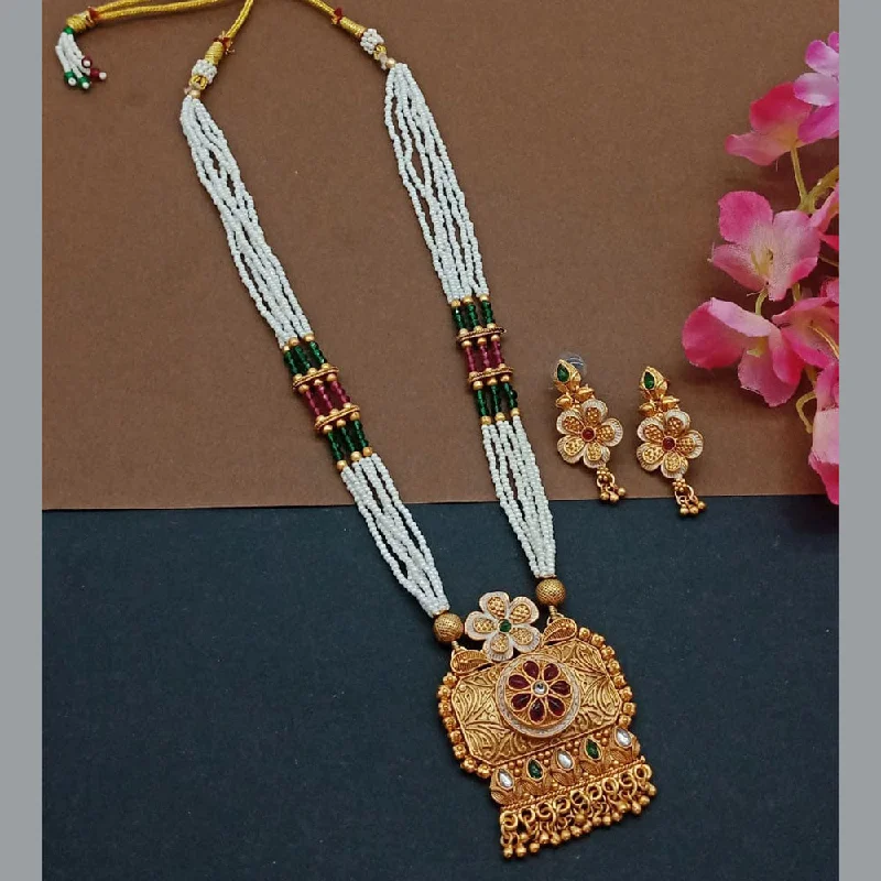 women’s fashion necklaces-India Art Gold Plated Pota Stone And Pearl Long Necklace Set