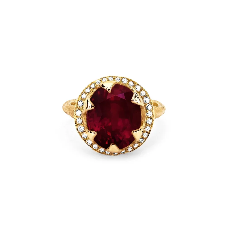 women’s pearl rings-Queen Oval Ruby Ring with Full Pavé Diamond Halo