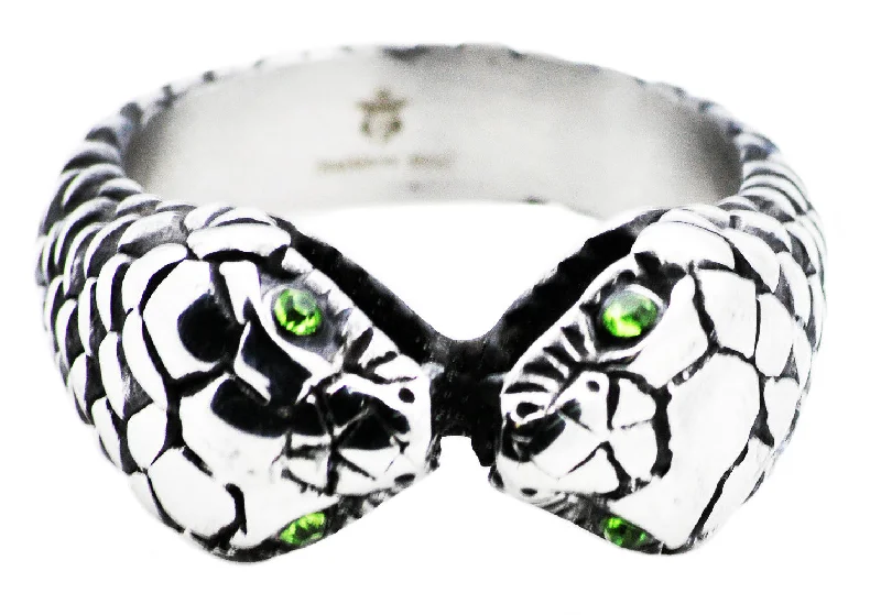 women’s adjustable gemstone rings-Mens Stainless Steel Snake Ring With Green Cubic Zirconia